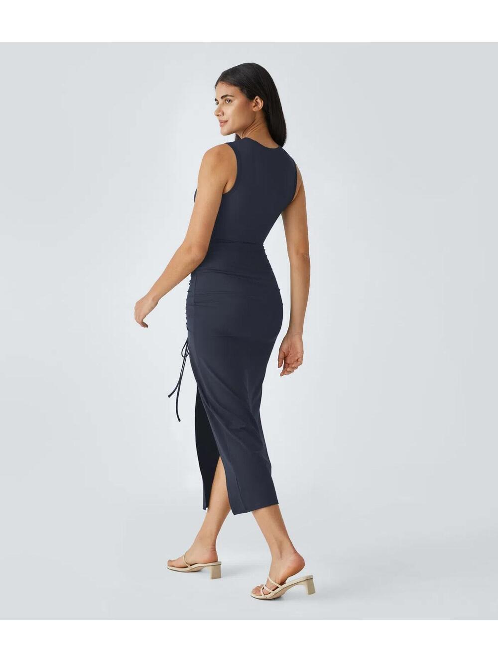 NWT Halara Round Neck Cut Out Ruched Drawstring Hem Bodycon Maxi Dress Size M - Picture 2 of 9